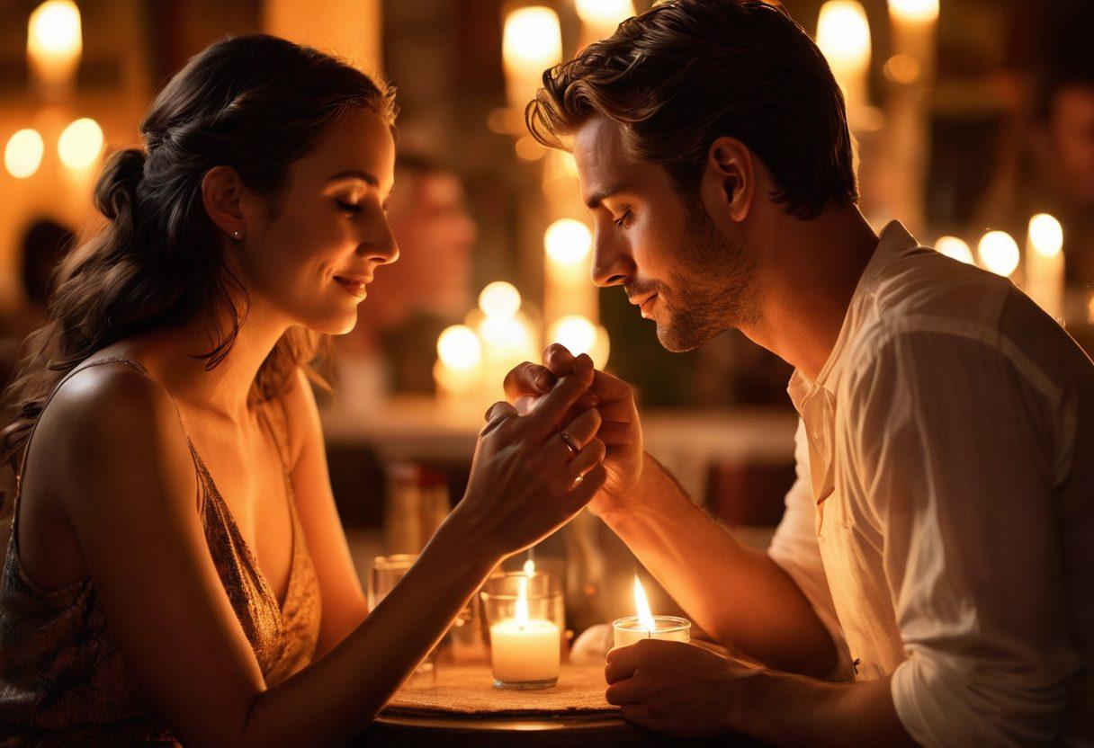 A sensual, intimate scene depicting a couple engaging in a deep conversation, surrounded by soft, warm lighting that enhances their connection. Incorporate subtle symbols of desire, like intertwined hands and glowing candles, to evoke passion. The background should include blurred silhouettes of a vibrant nightlife or adult venue, adding depth to the atmosphere. evoke a sense of exploration and emotional connection. super-realistic. warm tones. soft focus.