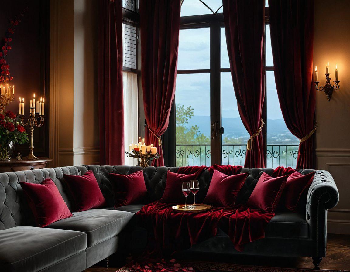 A cozy, intimate setting featuring a soft, dimly lit room adorned with lush velvet drapes and candles casting flickering shadows. In the foreground, a pair of hands gently intertwining over a glass of red wine, symbolizing connection and romance. A subtle backdrop of rose petals scattered on a plush couch, adding to the allure. The entire scene radiates warmth, intimacy, and seduction. super-realistic. vibrant colors. soft focus.