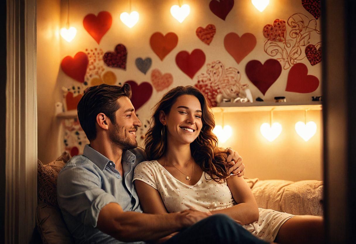 A couple in a cozy, intimate setting, surrounded by soft, warm lighting, sharing a candid moment of laughter and connection. In the background, playful elements like hearts and playful doodles symbolize affection and passion. The atmosphere feels inviting and playful, evoking the essence of adult fun in relationships. super-realistic. warm tones. soft focus.